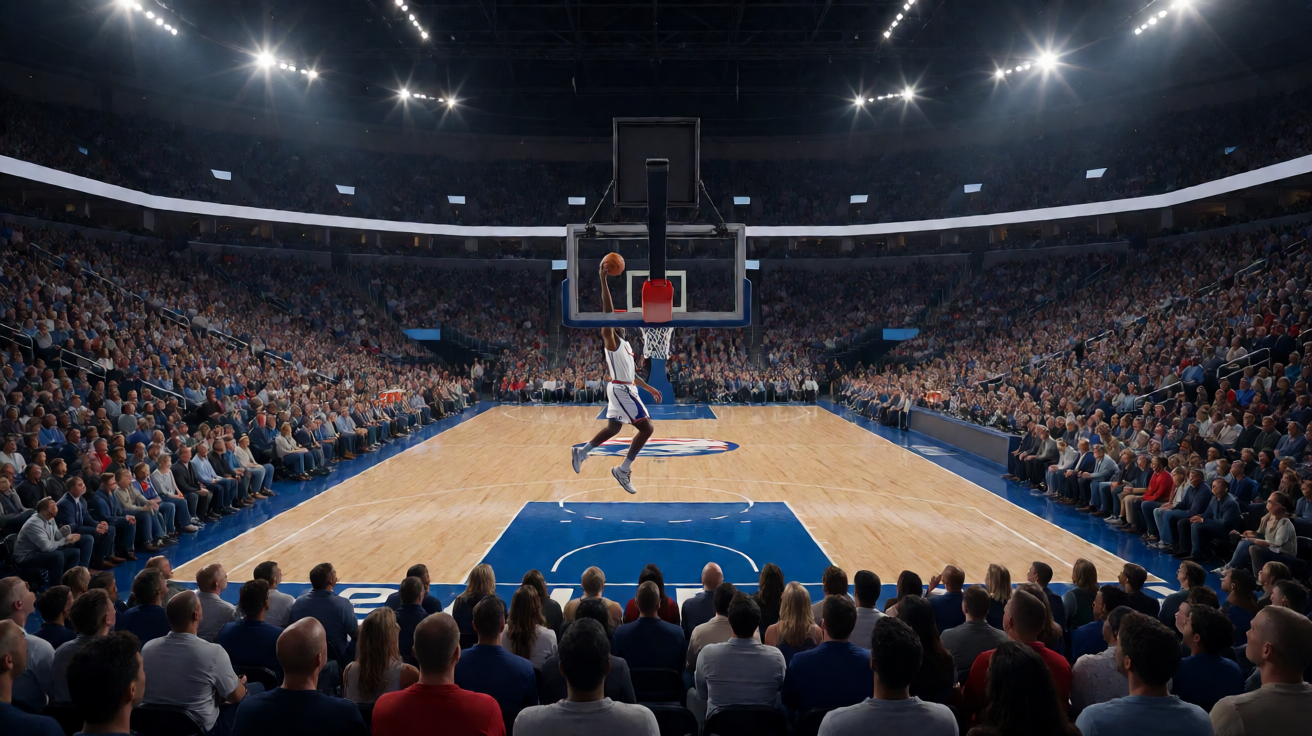 NBA篮球比赛现场，球员在空中完成扣篮动作的精彩瞬间